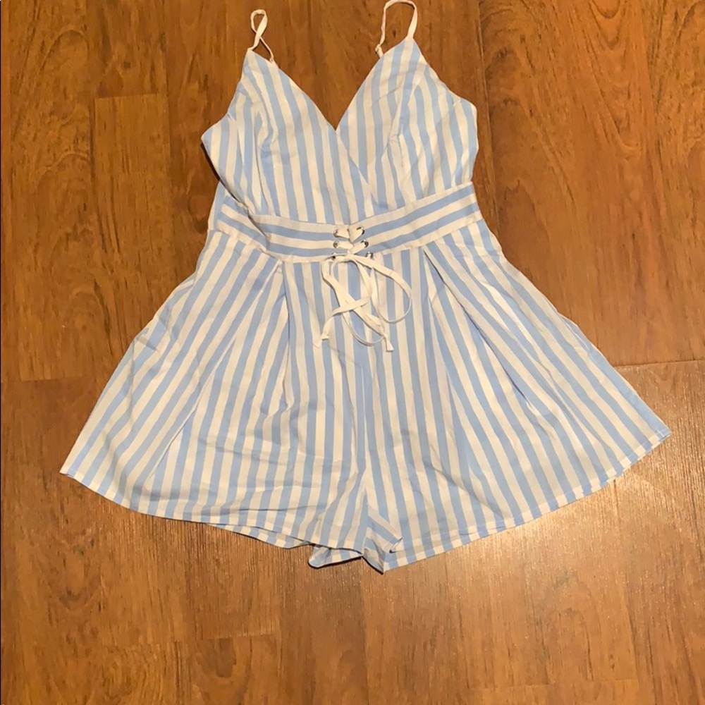 Blue & white thick striped romper